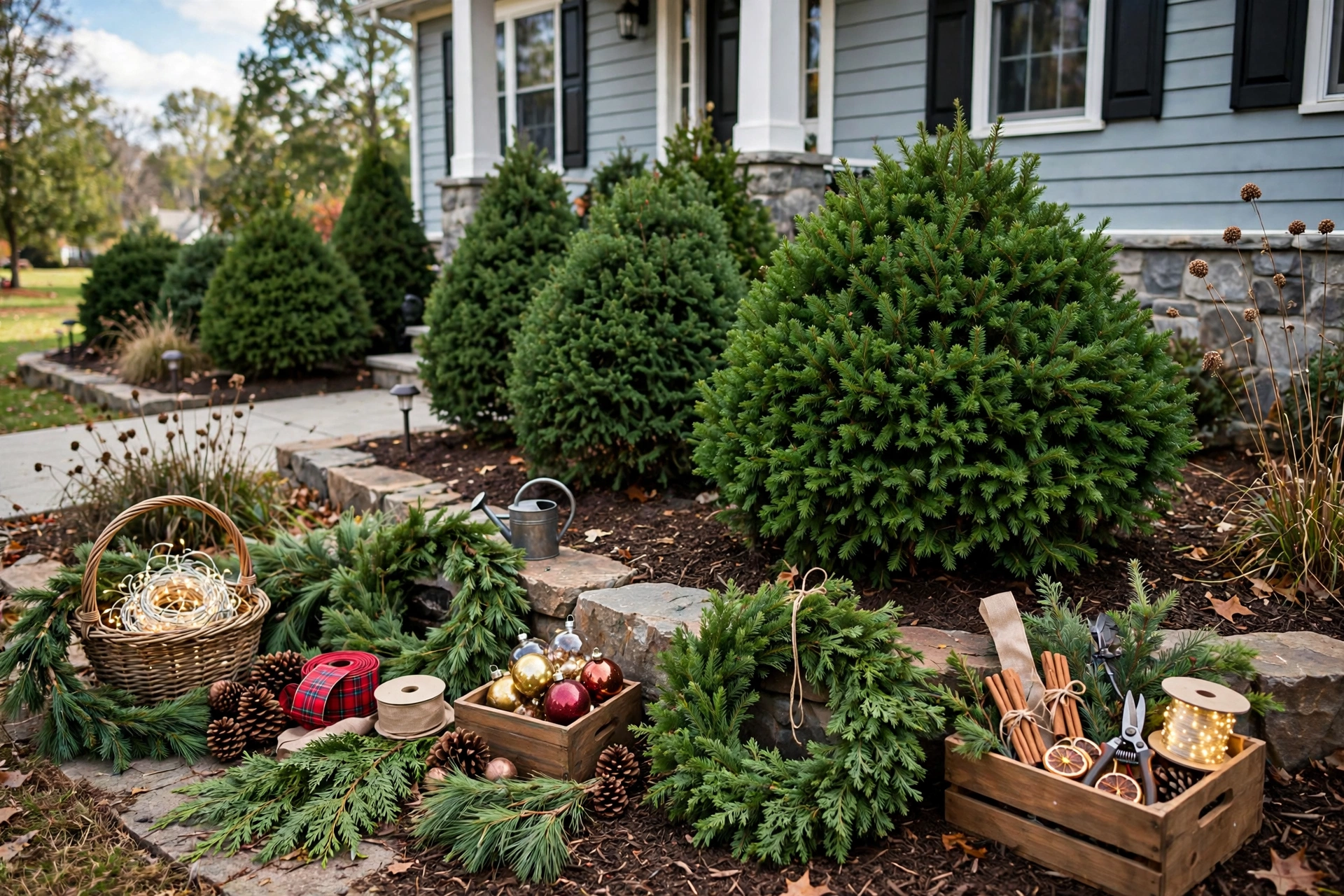 Front yard beds with evergreen shrubs ready for seasonal holiday decorating.