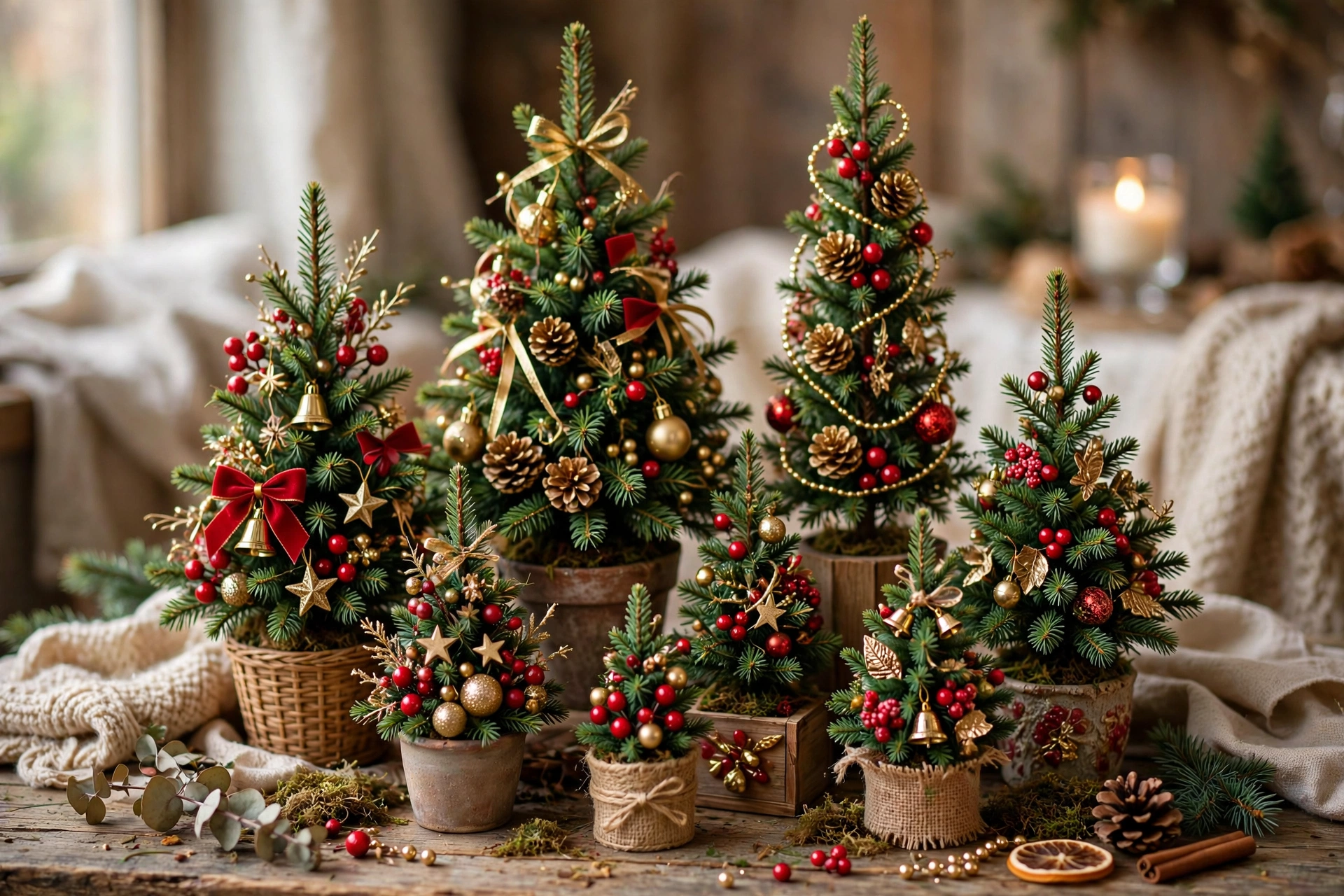 cluster of small mini Christmas trees of different heights forming a tabletop forest