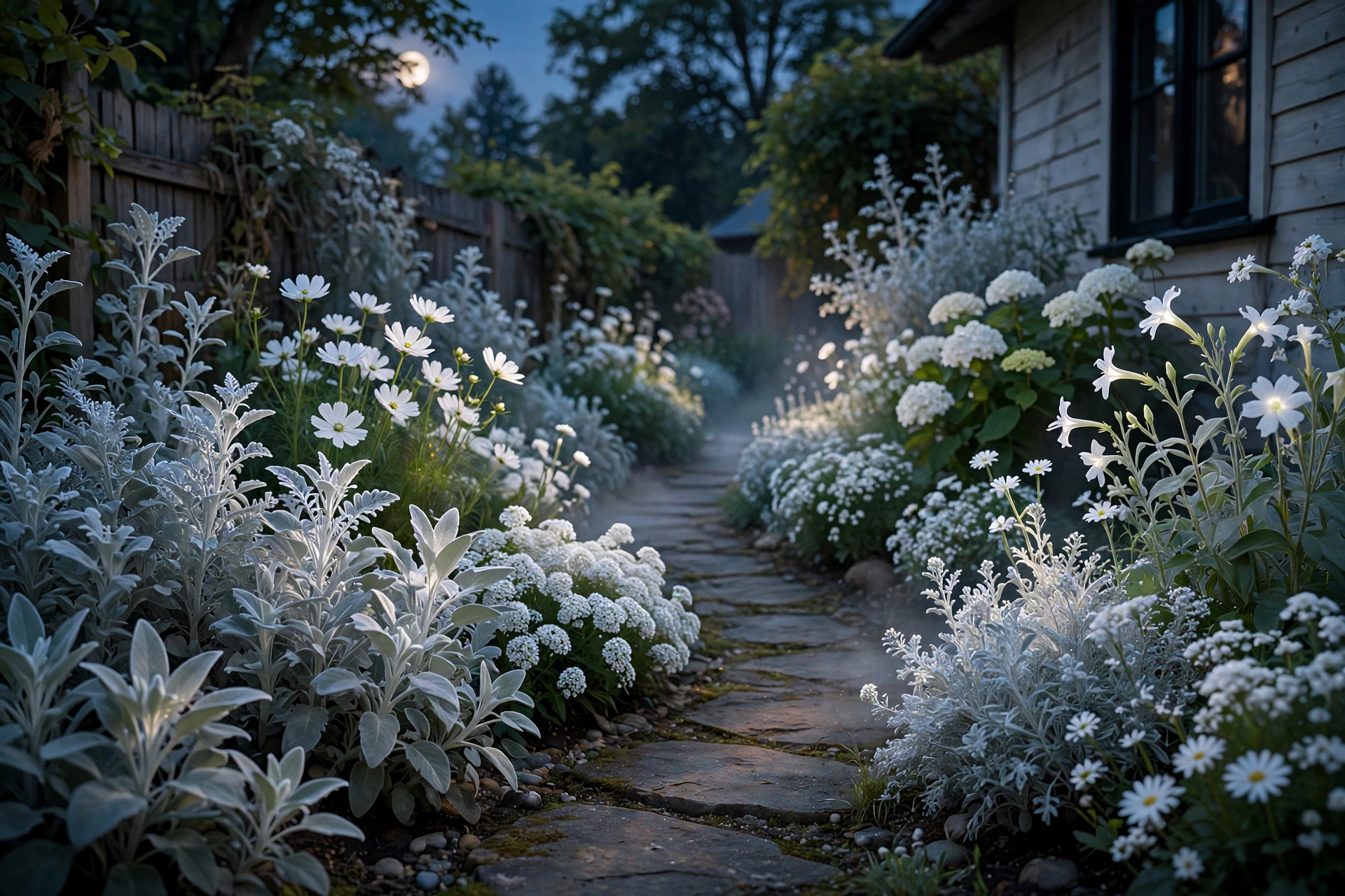 Moon garden with white flowers and silver foliage glowing softly in evening light along a side yard path.