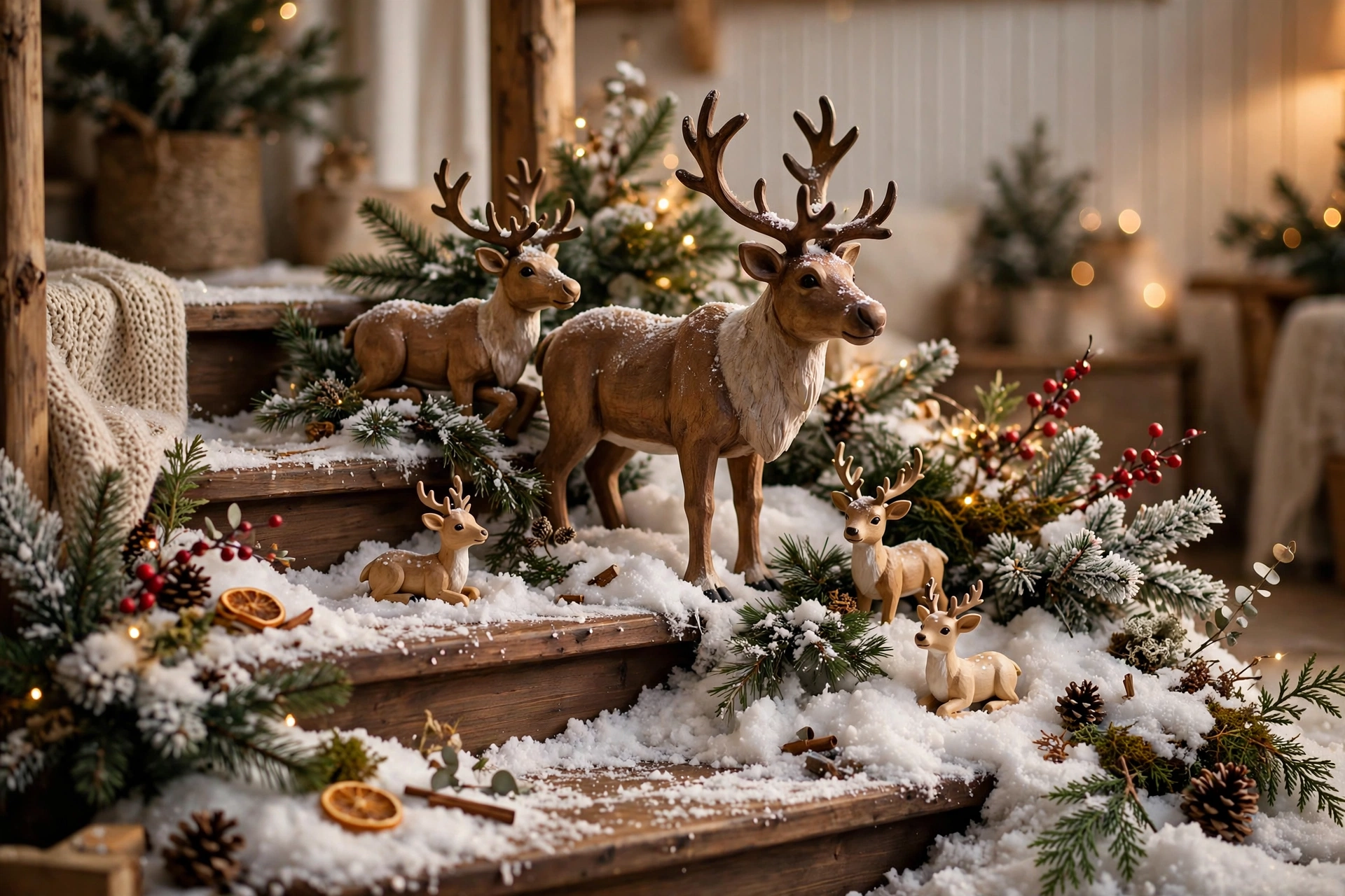 Family of reindeer figurines in mixed sizes arranged on snow-dusted stair steps.