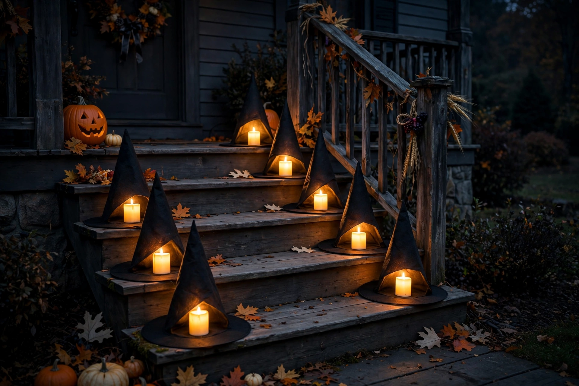 Cone-shaped witch hats glowing from battery candles lined along porch steps.