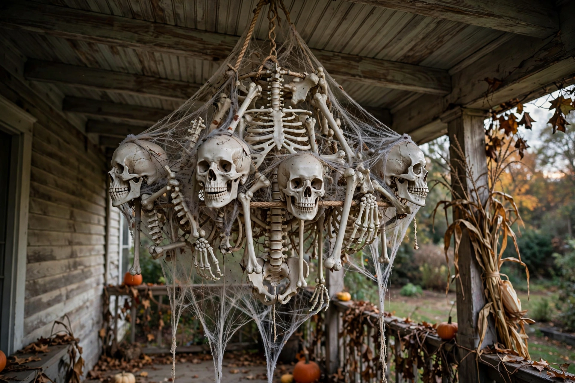 Chandelier made of plastic bones and skulls draped in cobwebs hanging from a porch ceiling.