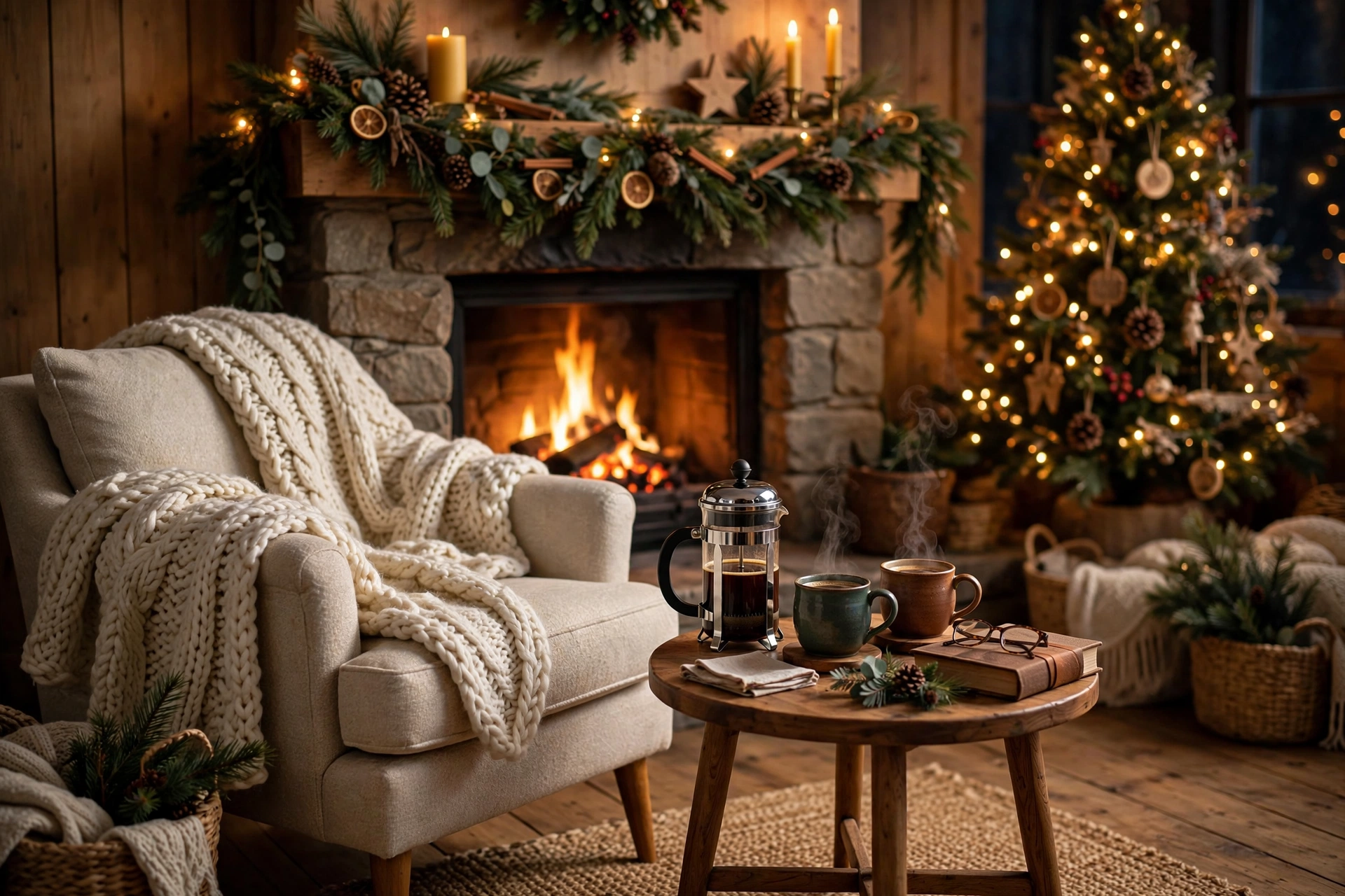 Armchair by fireplace with side table, French press and knit throw