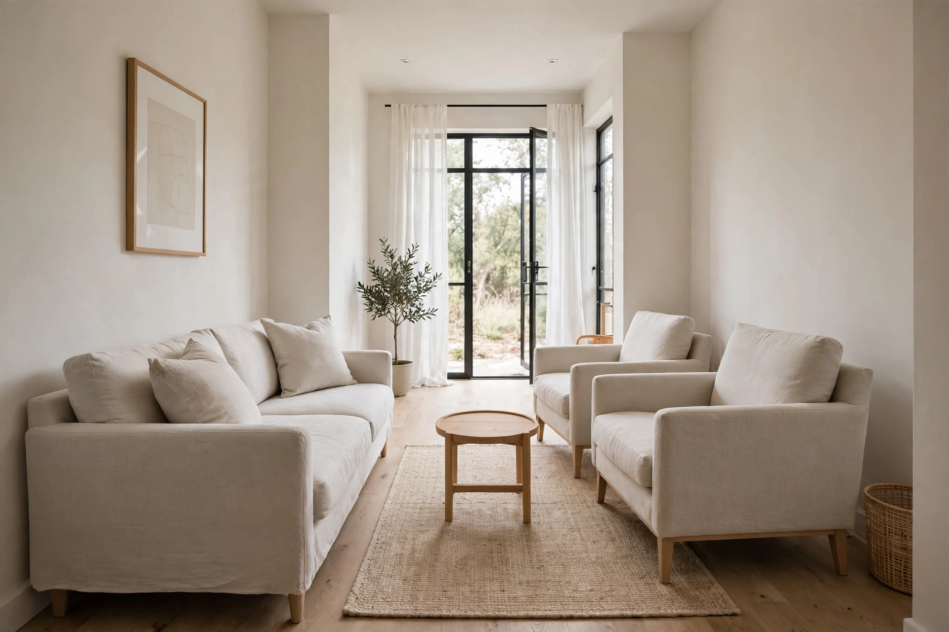 Matching upholstery for cohesion — narrow living room idea