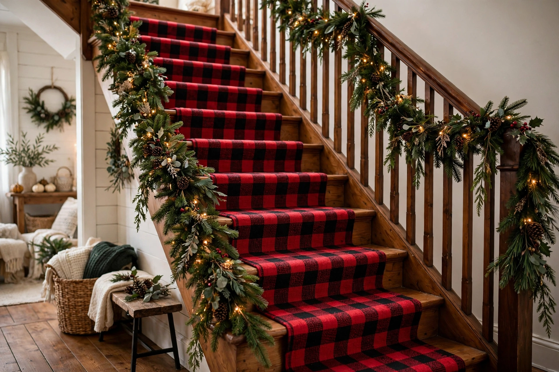 Red and black buffalo check runner rug installed on wooden staircase steps.