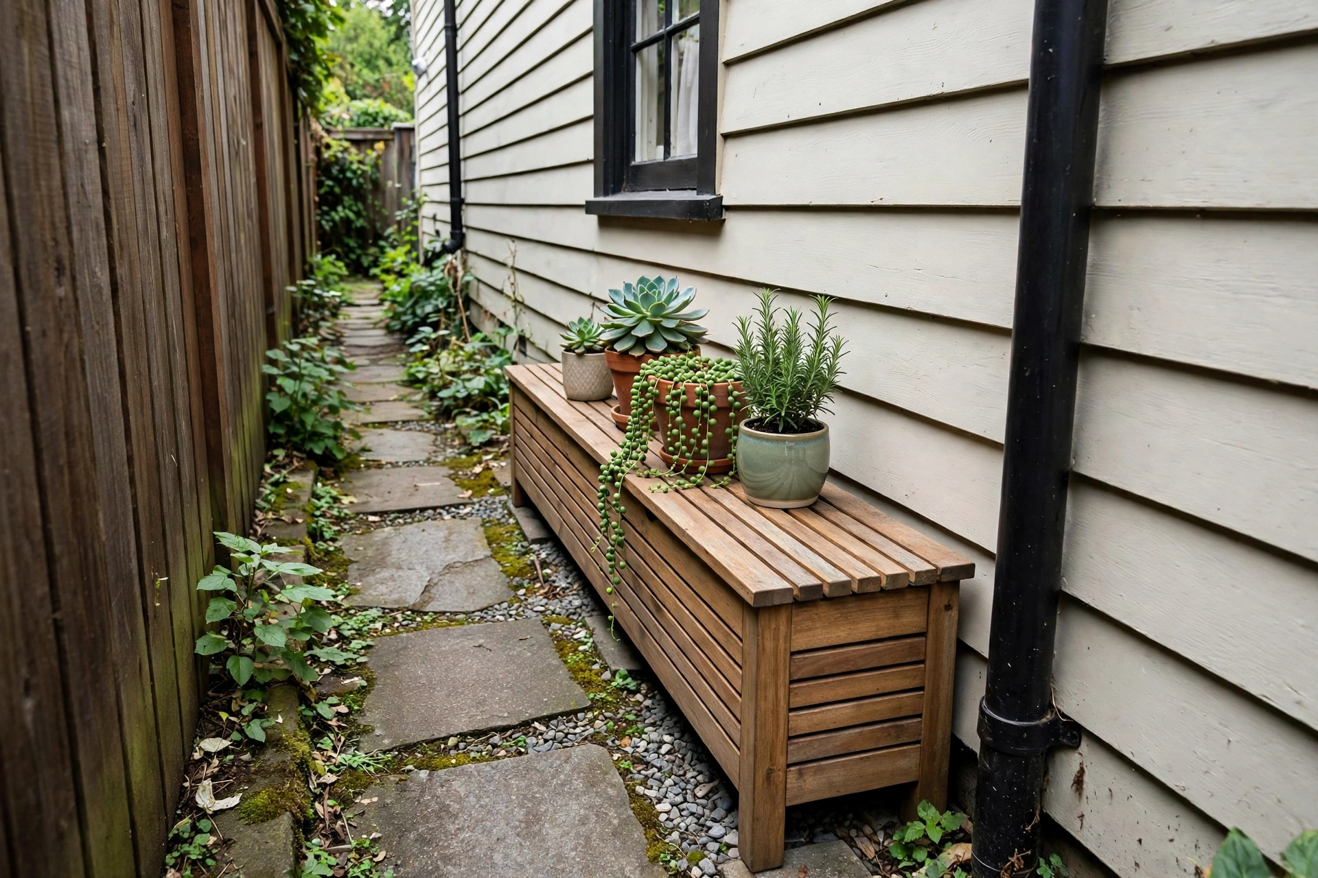 Slim wooden storage bench with potted plants on top placed against a house wall in a narrow side yard.