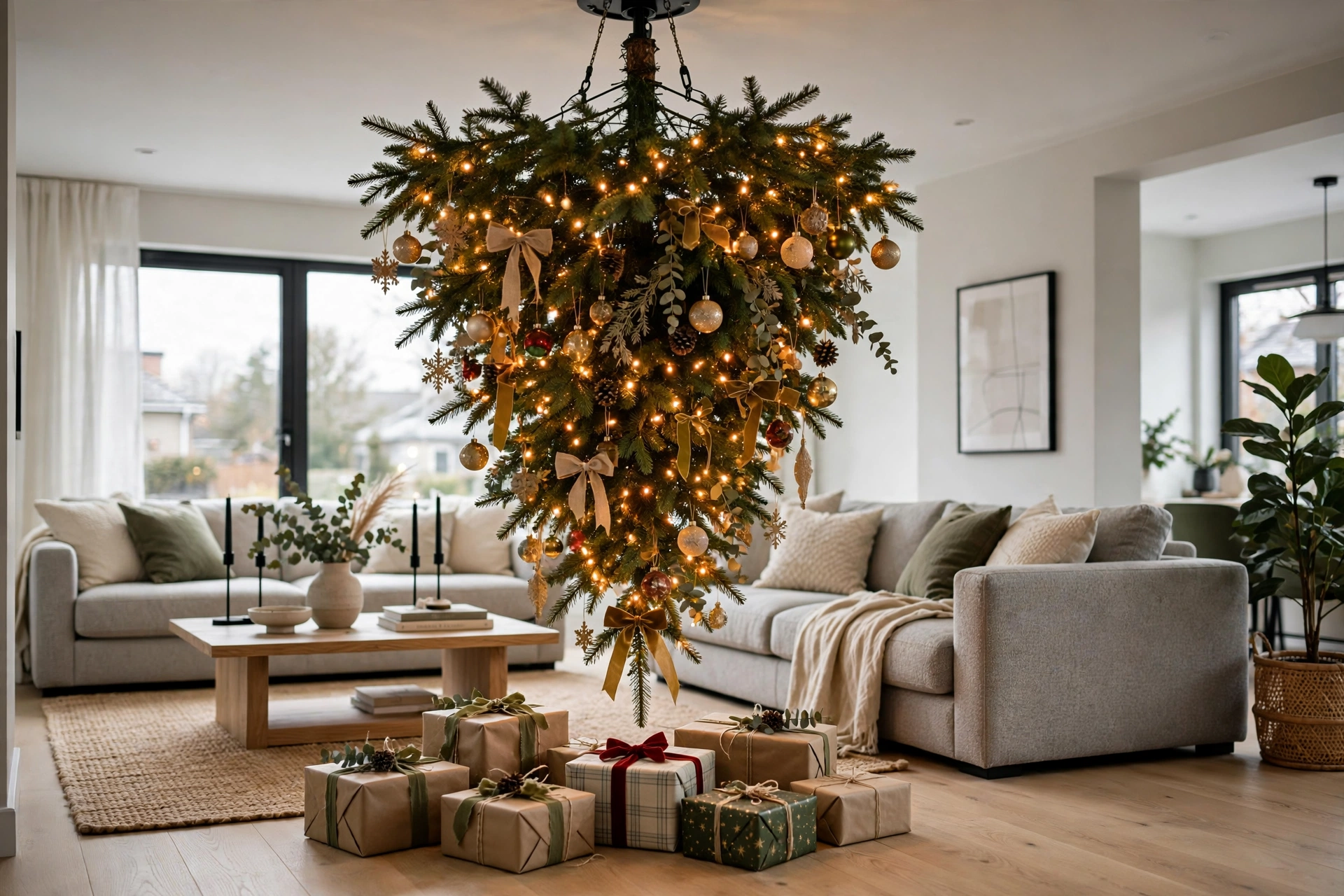 upside down Christmas tree hanging from the ceiling with ornaments in a modern room