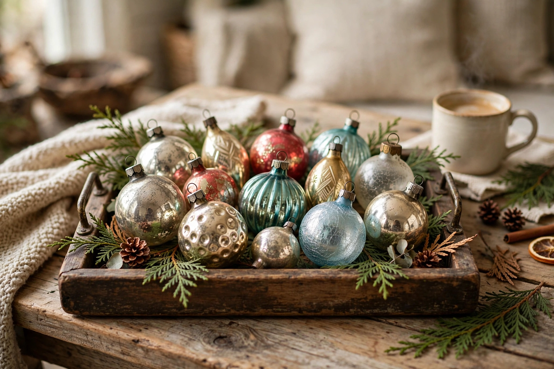 Vintage glass Christmas ornaments arranged on a wooden tray with cedar sprigs.