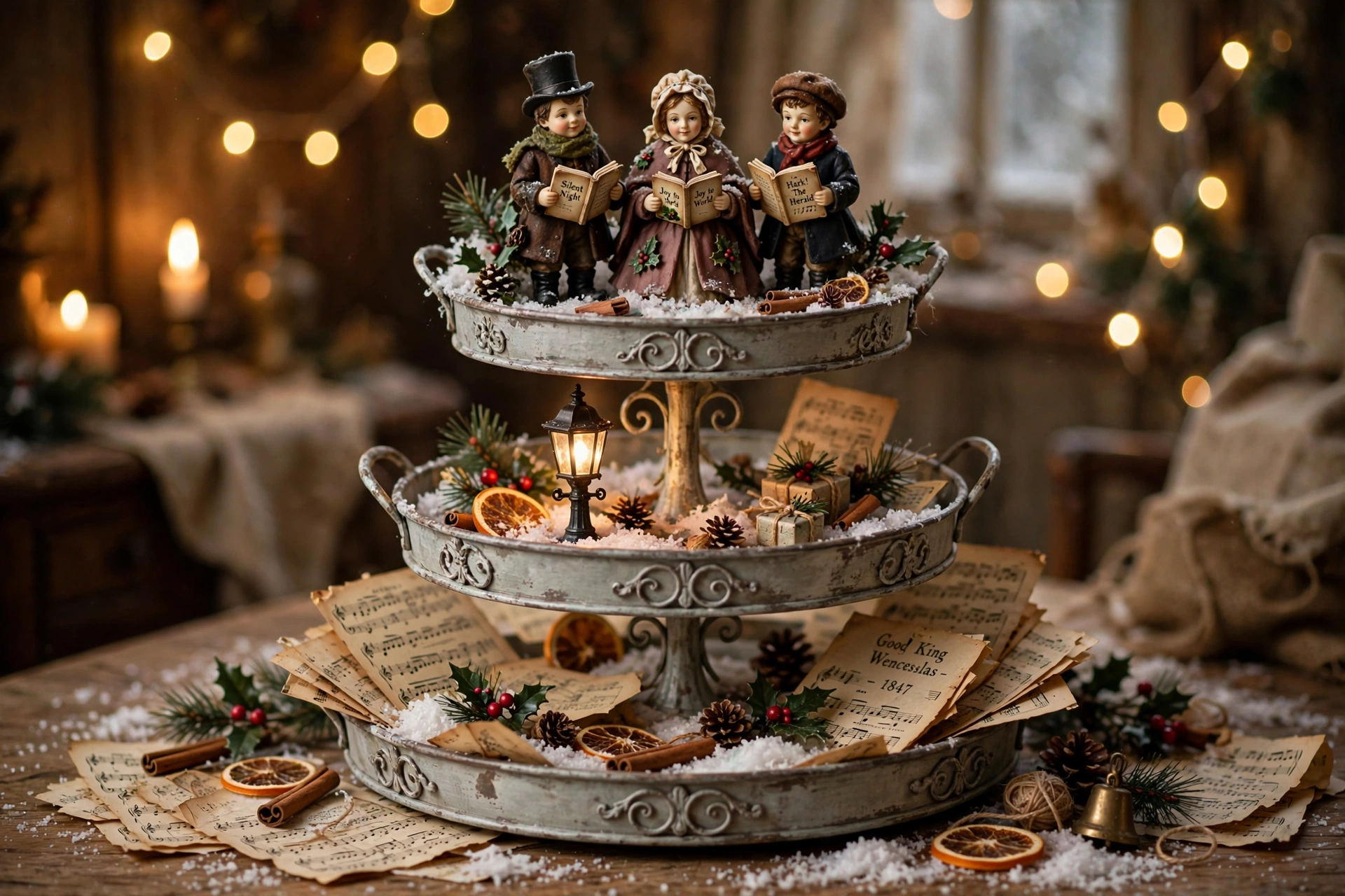 Carolers scene tray — Christmas tiered tray idea