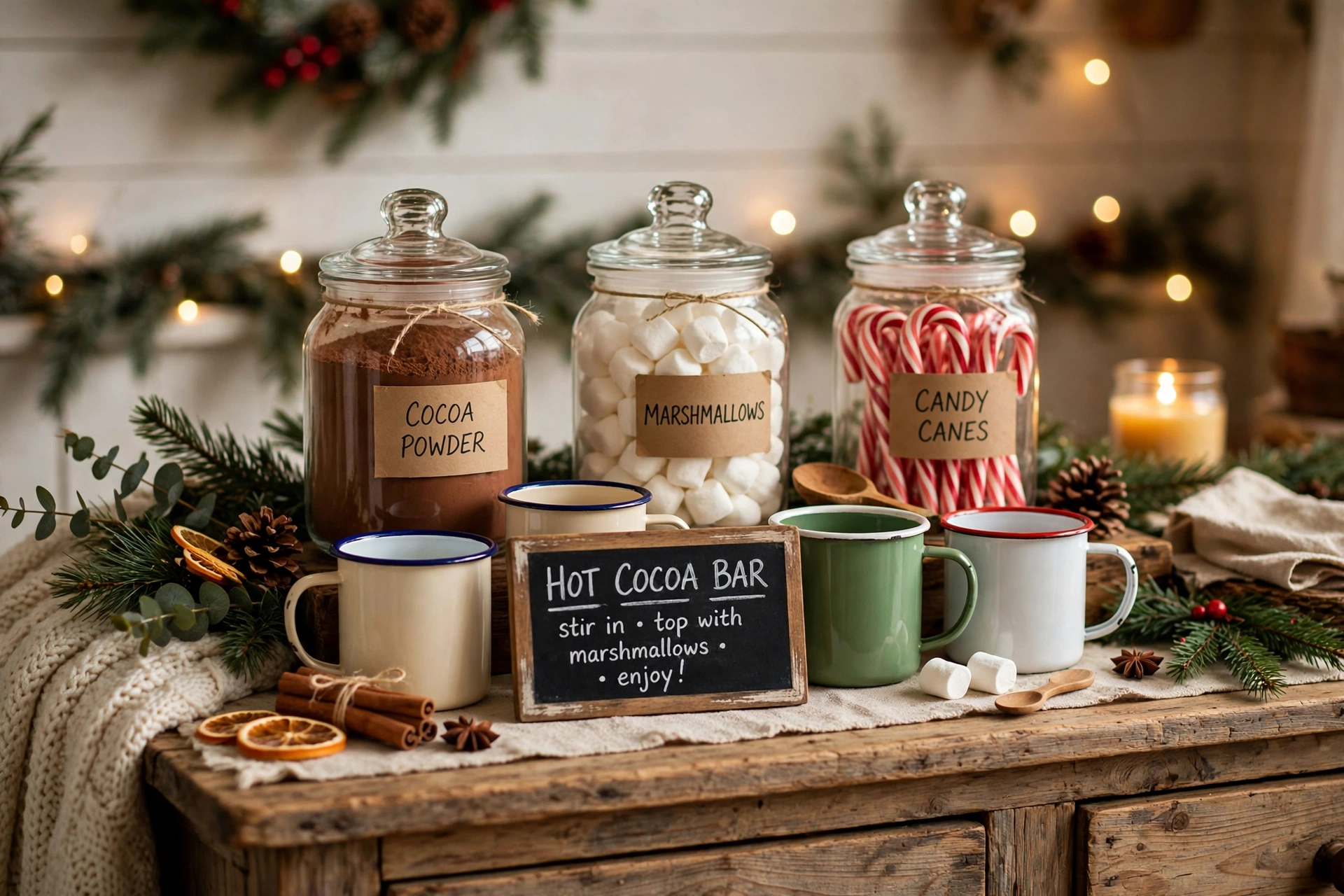 Farmhouse hot cocoa bar on a sideboard with glass jars, mugs, marshmallows and a chalkboard sign.