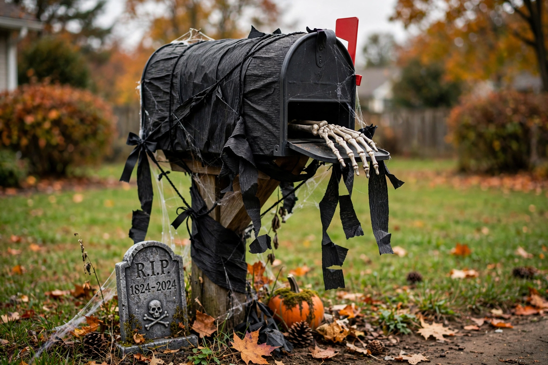 Mailbox wrapped in black crepe paper with a skeleton hand in the slot and a mini tombstone.
