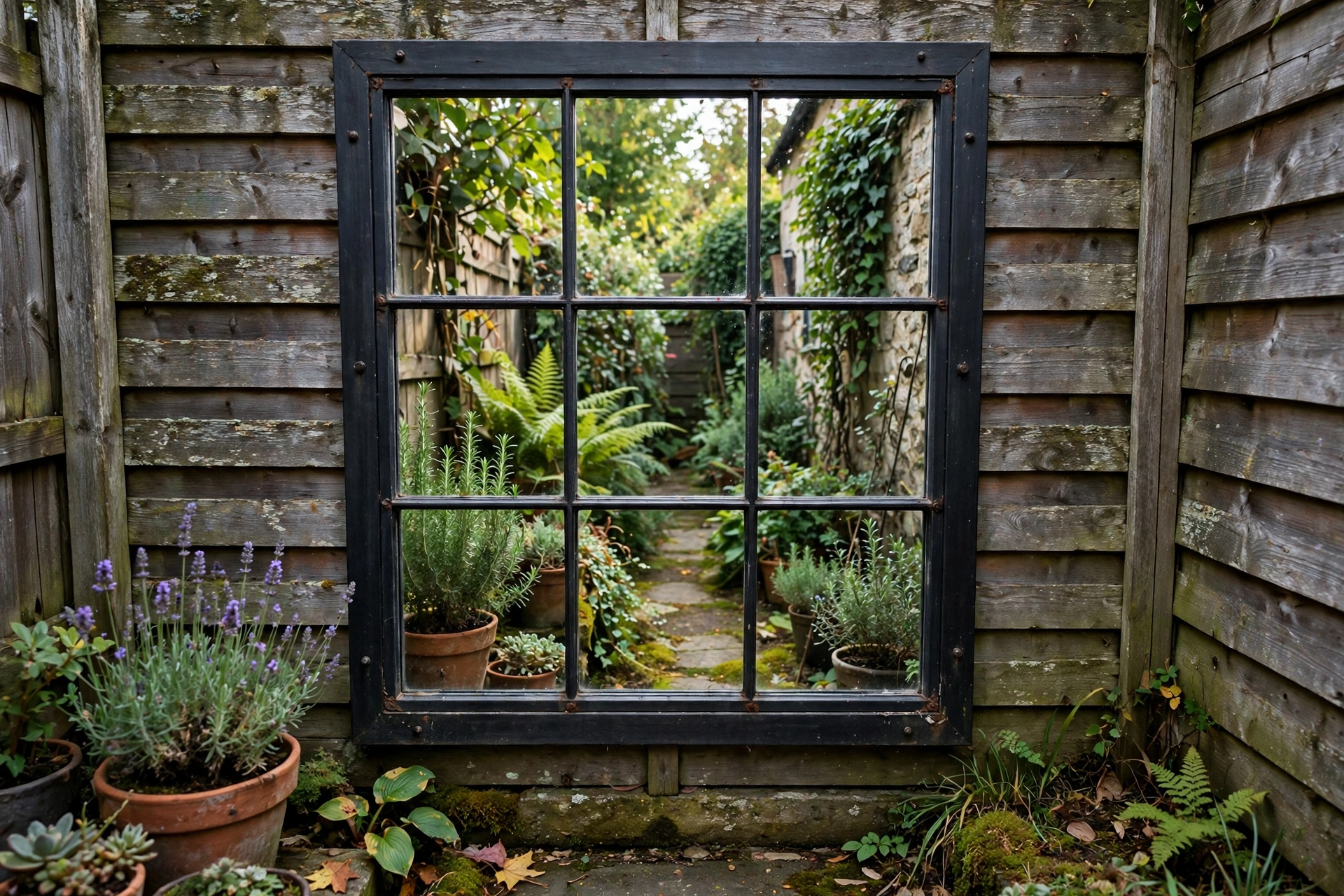 Weatherproof outdoor mirror framed like a garden window mounted on a fence, reflecting plants in a narrow side yard.
