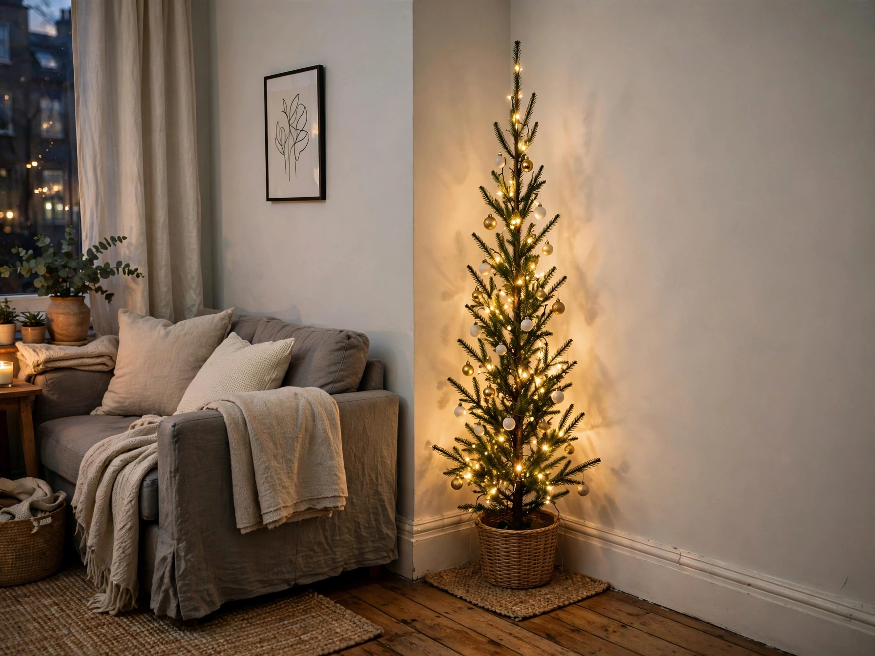 slim pencil Christmas tree in a corner of a small living room with gold ornaments