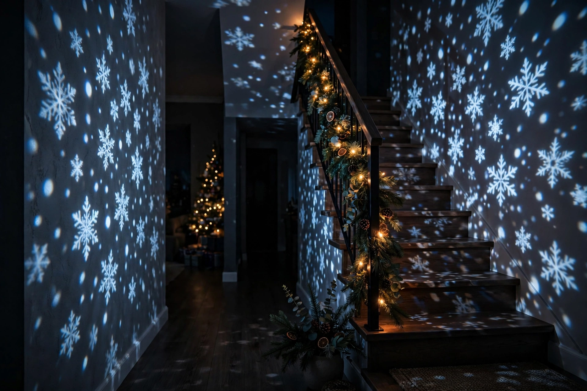 Projected snowflakes dancing across a staircase and wall in a darkened hallway.