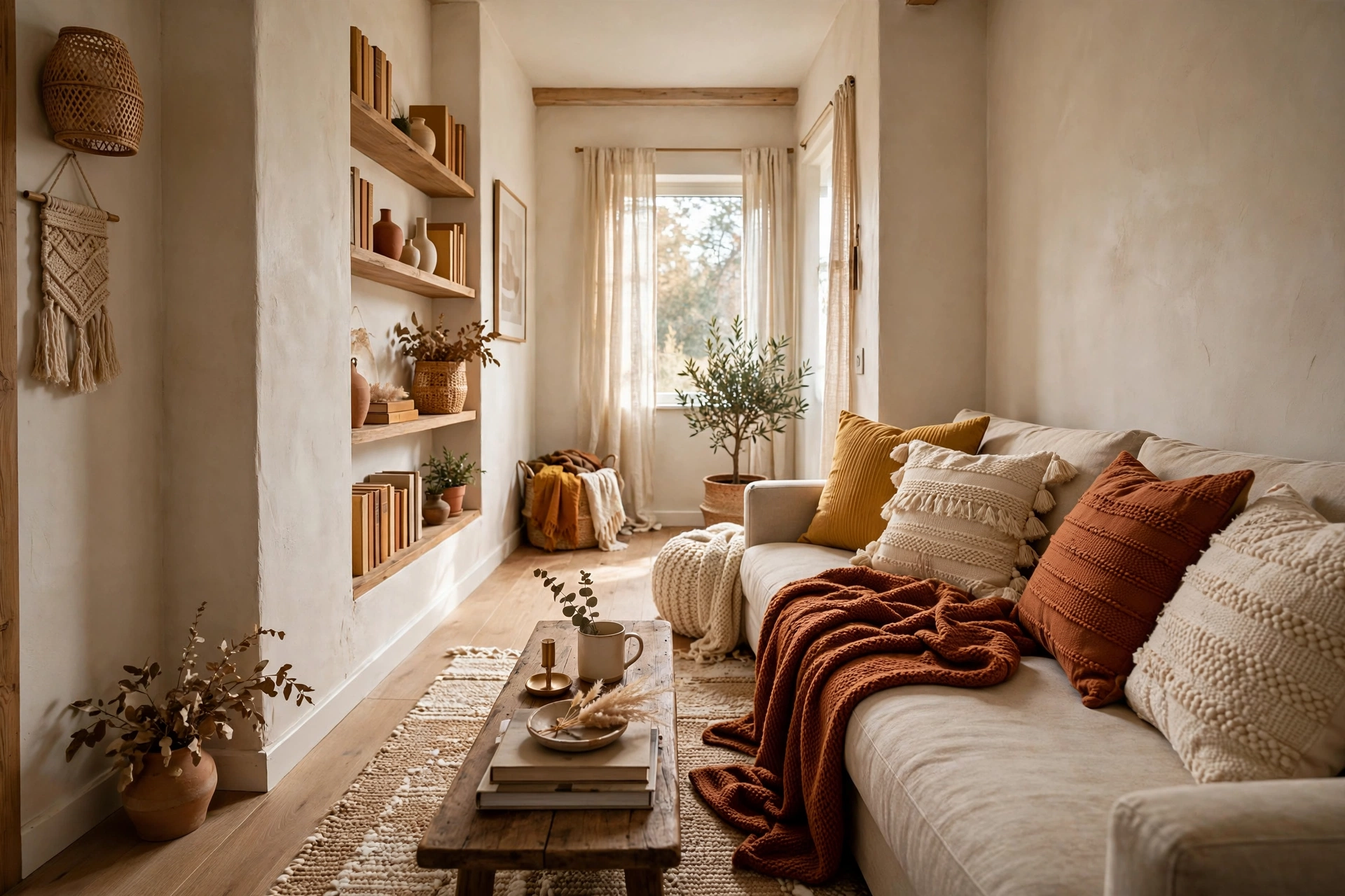 Warm throw and pillow palette — narrow living room idea