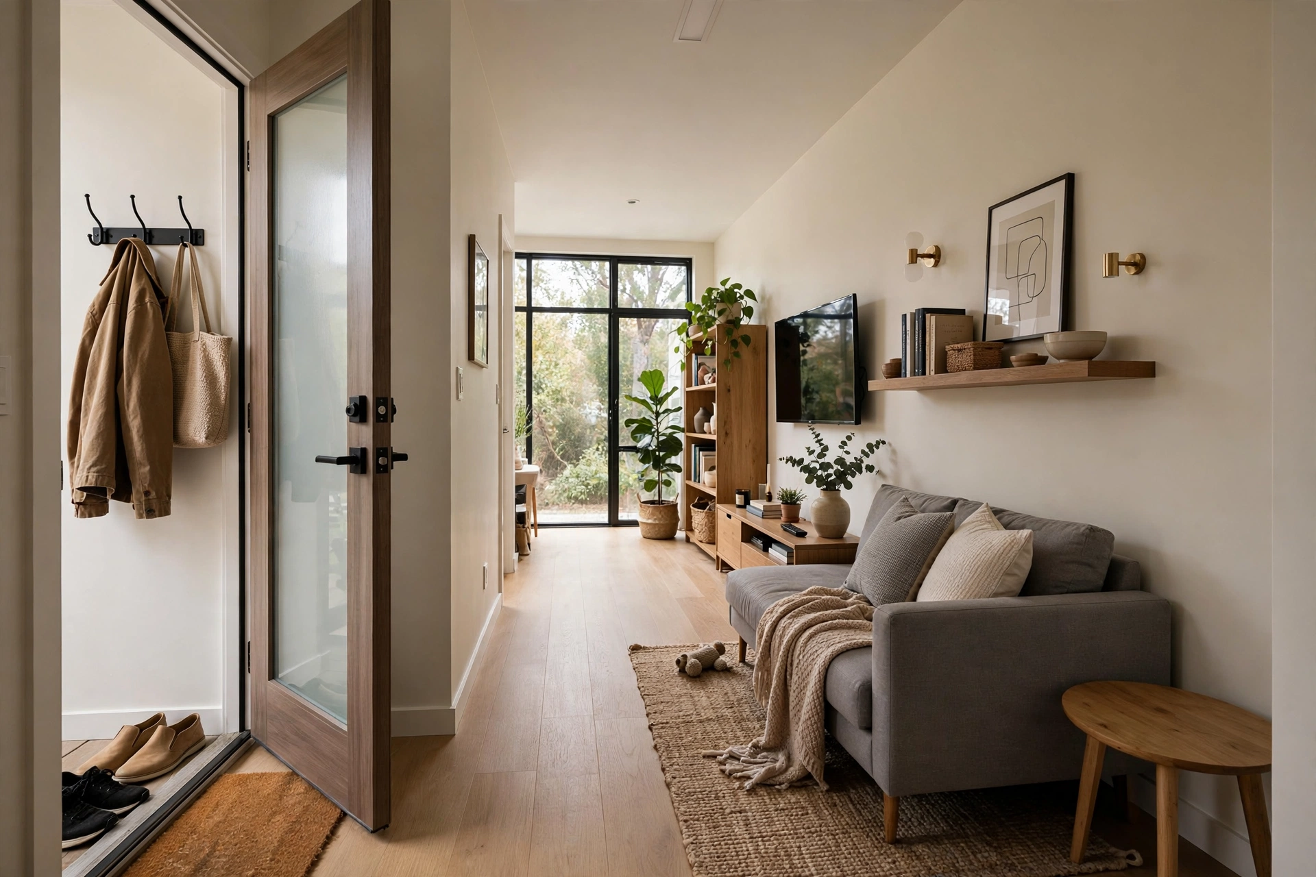 Clear traffic lane along one side — narrow living room idea