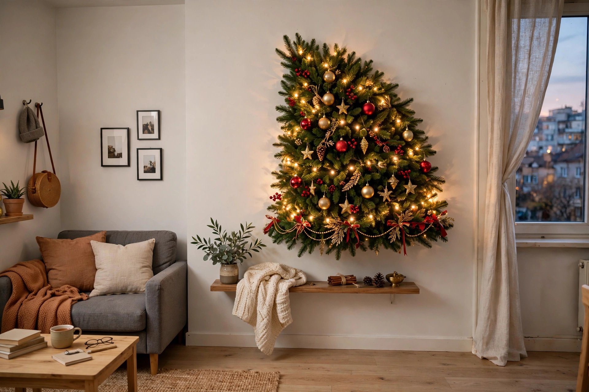 half Christmas tree flat against a wall in an apartment with red and gold ornaments