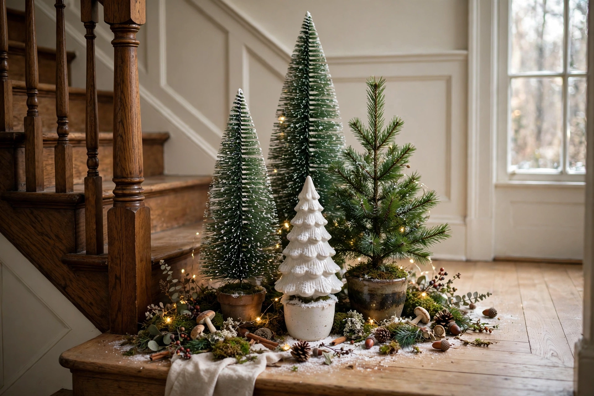 Cluster of mini Christmas trees in different styles and heights on a stair landing with faux snow.
