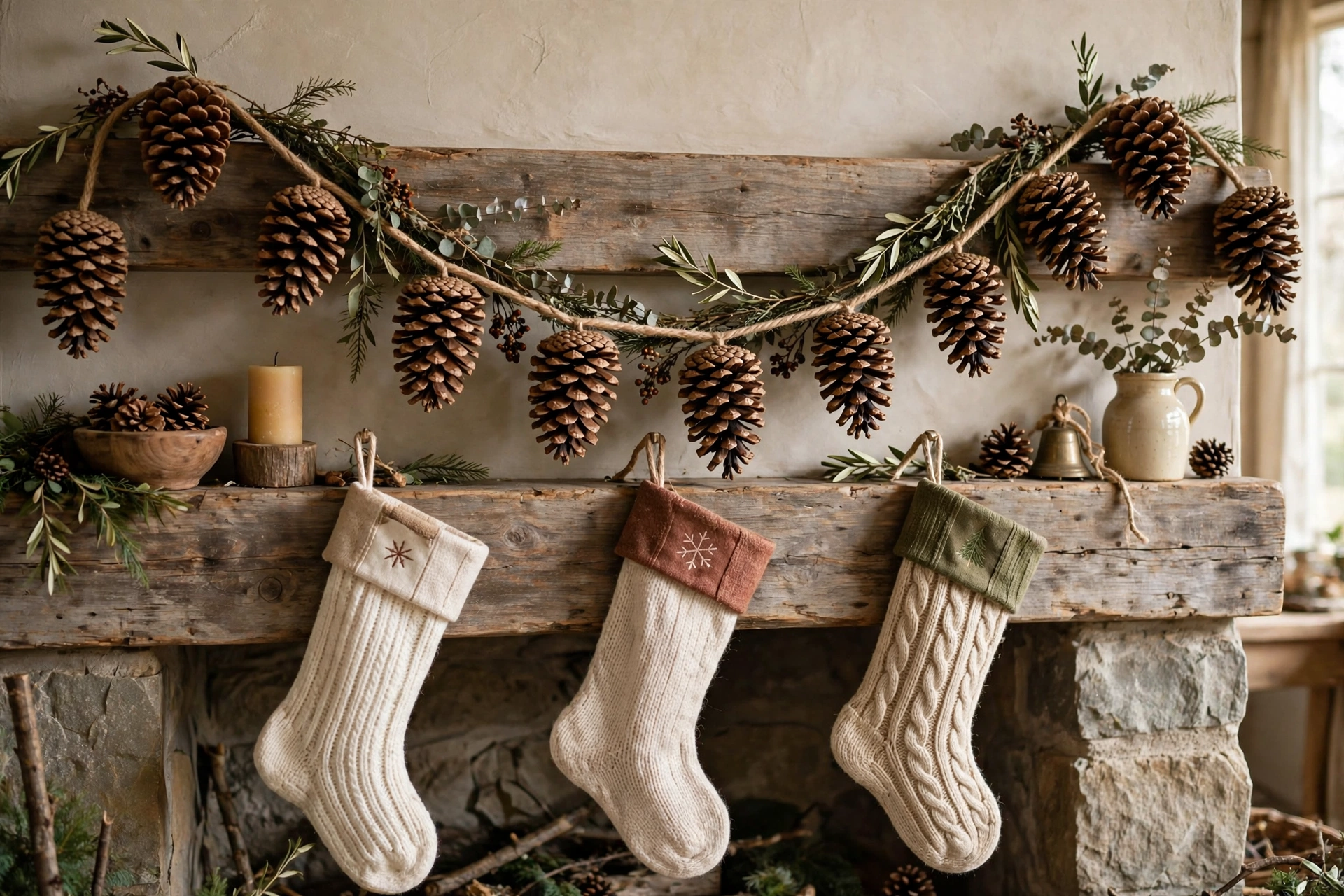 Garland of large pinecones strung on jute twine draped across a farmhouse mantel.