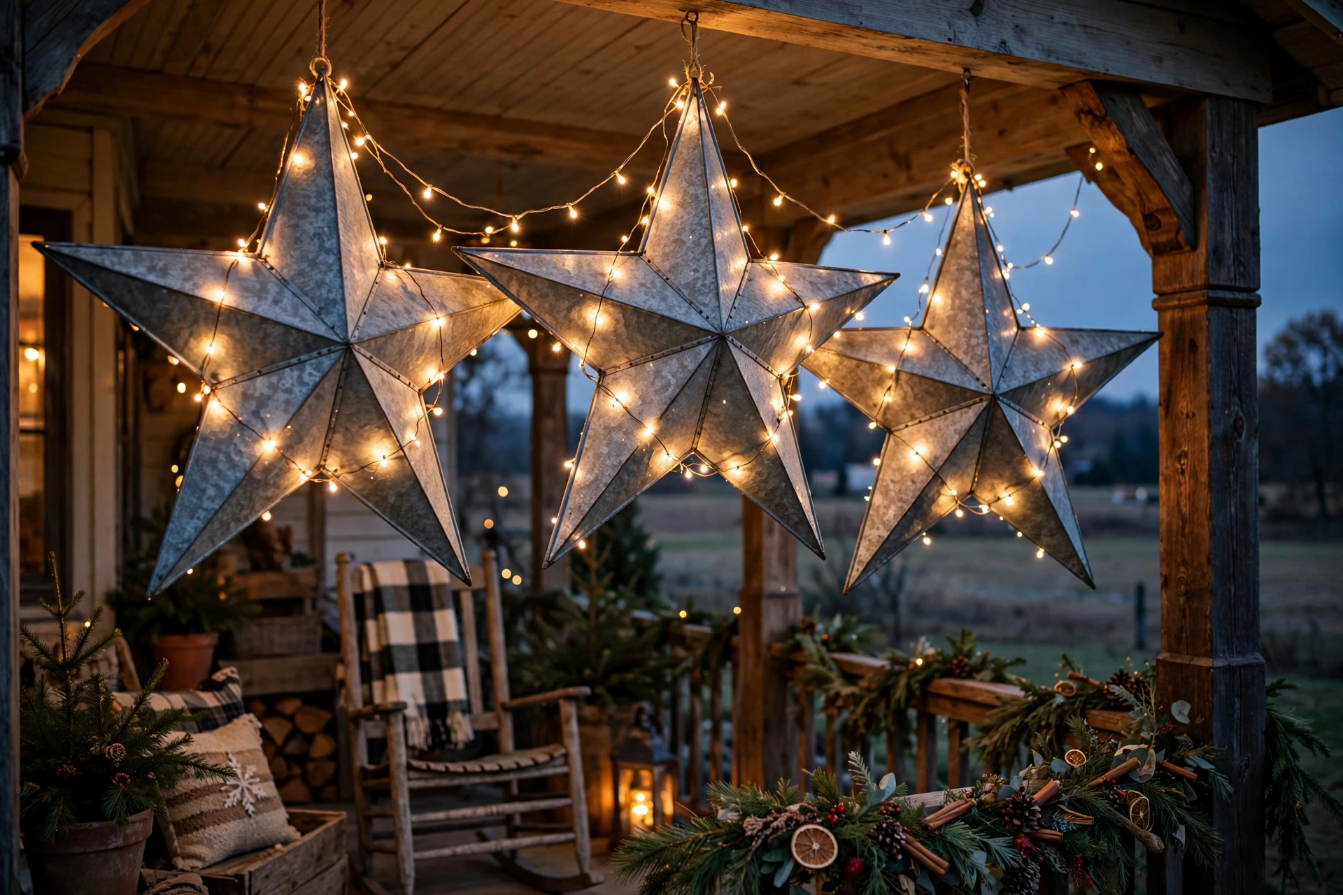 Oversized galvanized metal stars with warm fairy lights hanging on a farmhouse porch.