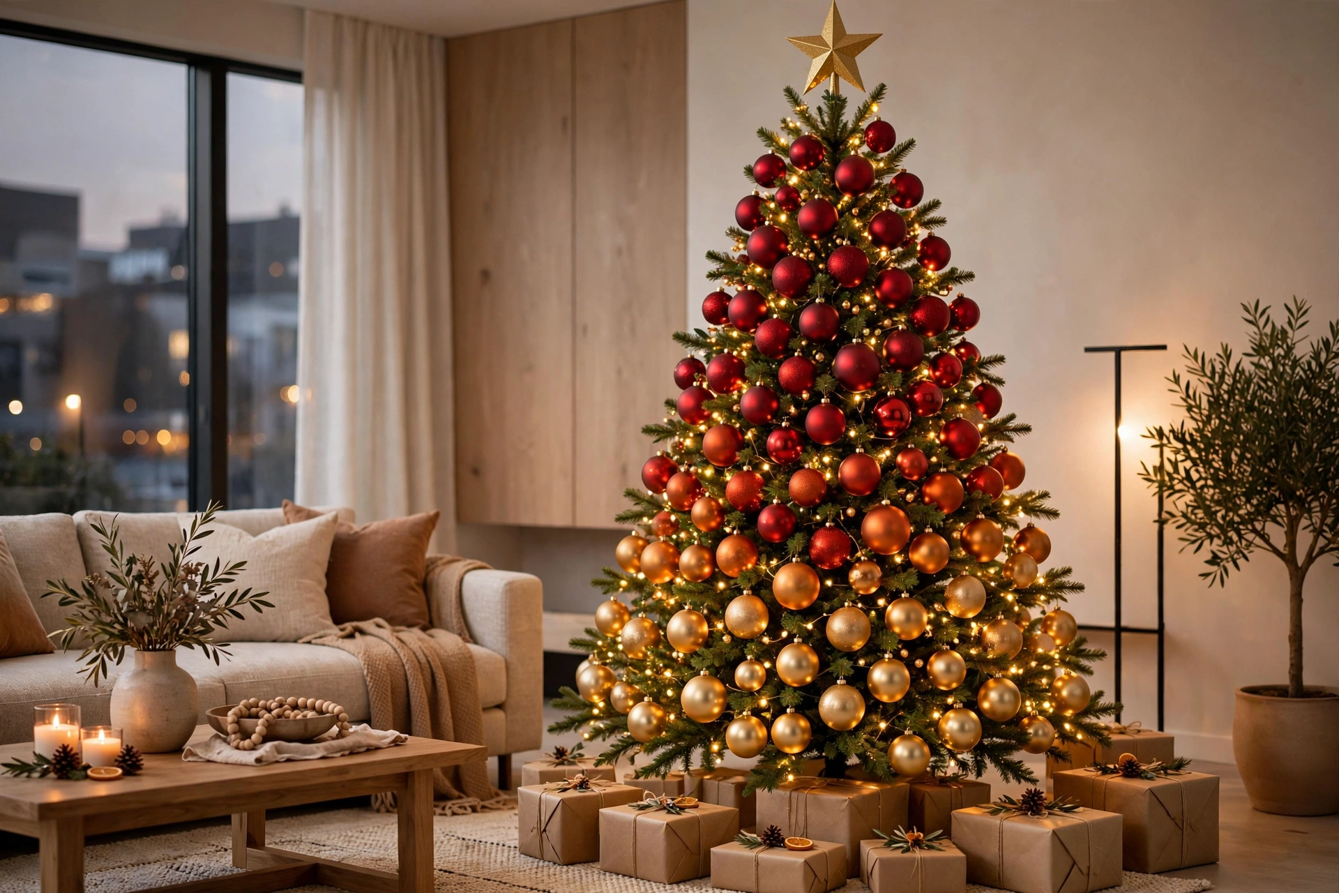 Christmas tree with ombre red to gold gradient ornaments from top to bottom