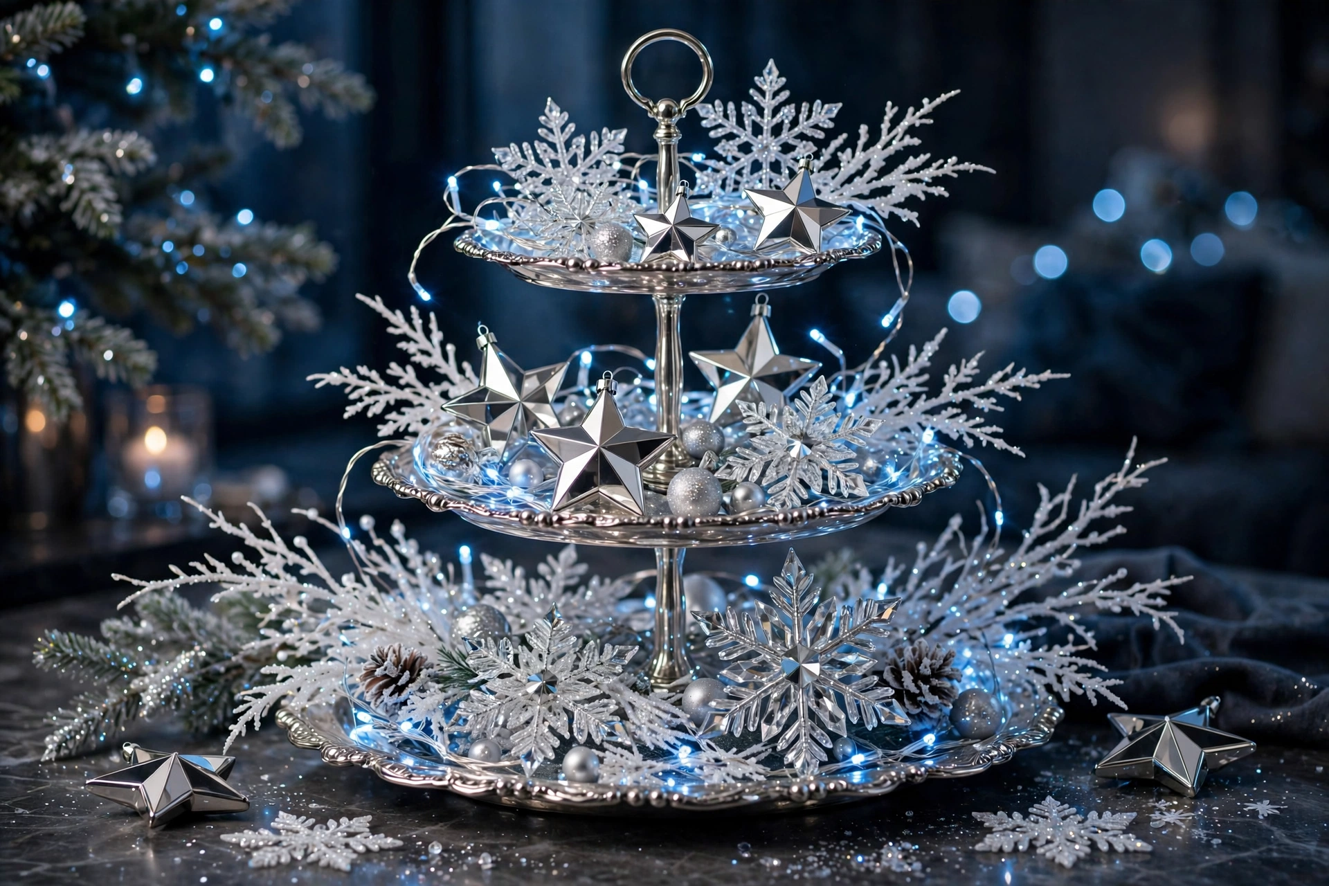 Snowflake sparkle tray — Christmas tiered tray idea