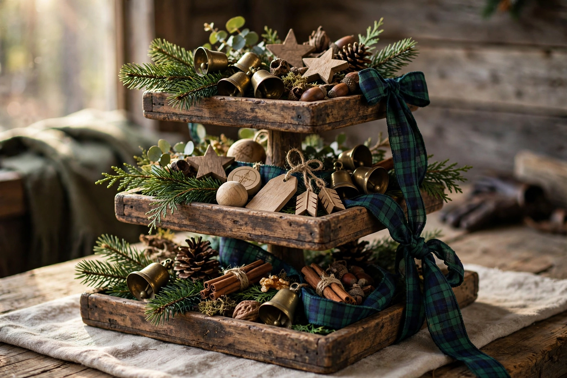 Pine and plaid tray — Christmas tiered tray idea