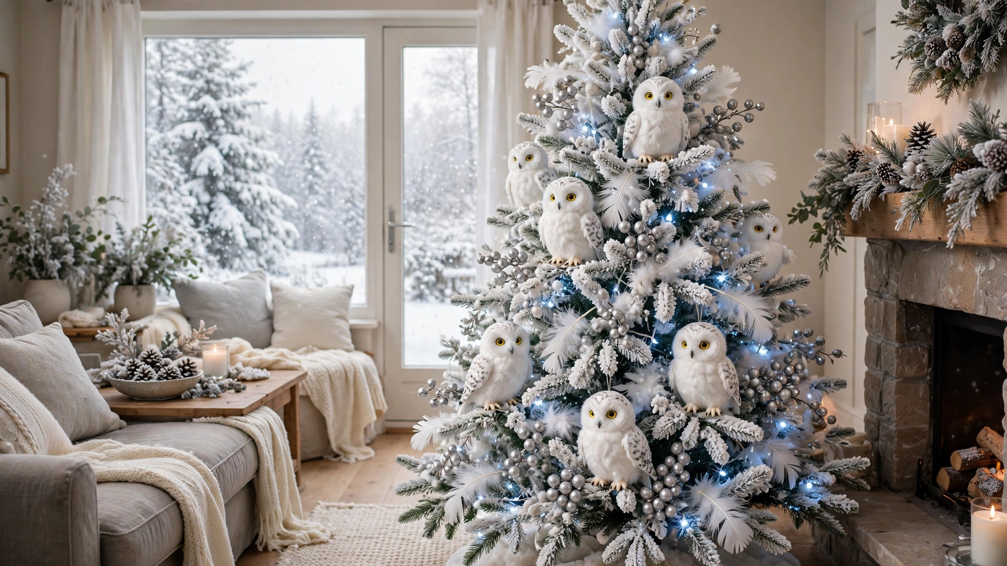 white snowy Christmas tree with snowy owl ornaments perched on frosted branches