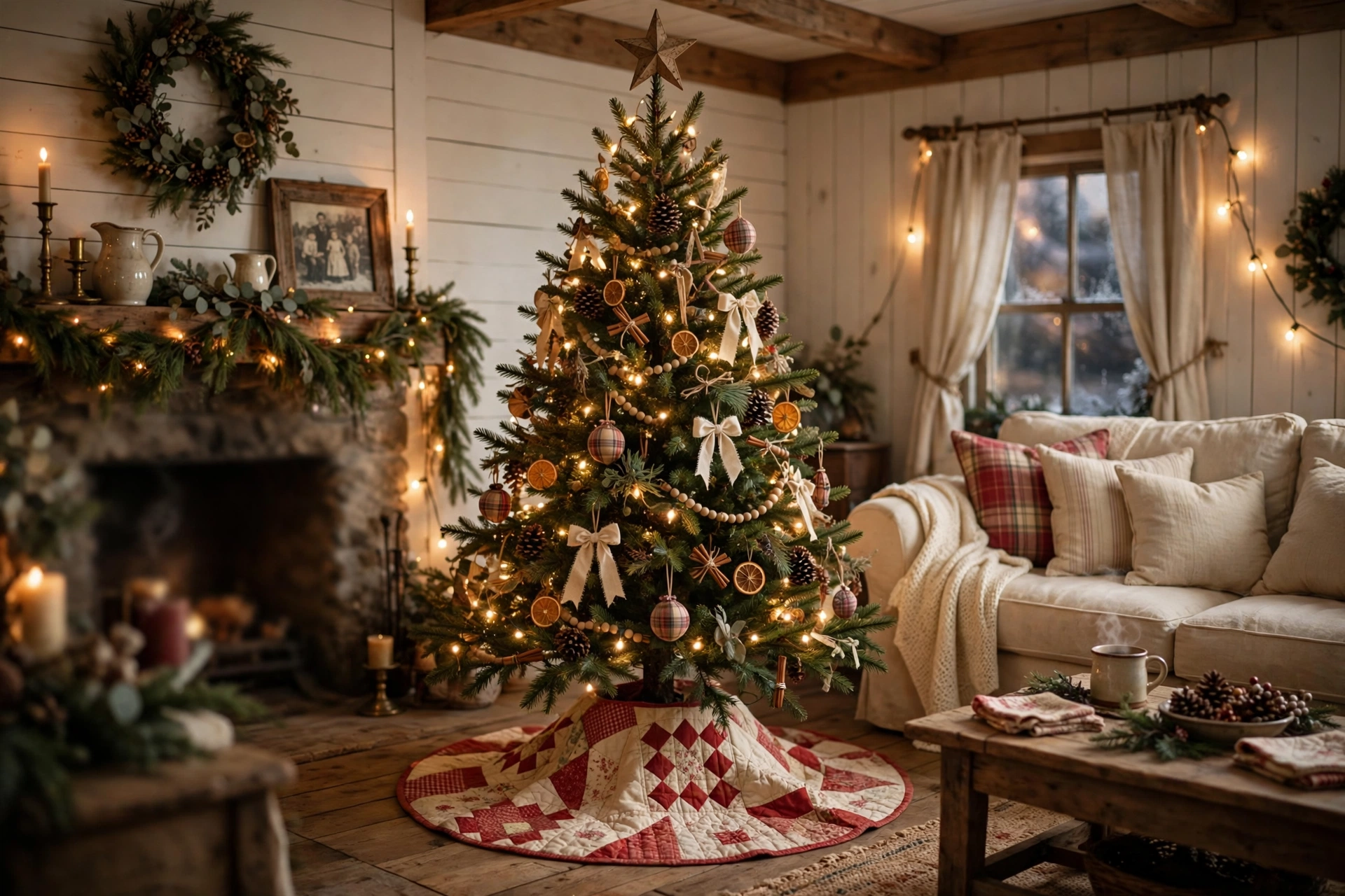 Christmas tree with a red and cream vintage patchwork quilt tree skirt in a farmhouse living room.