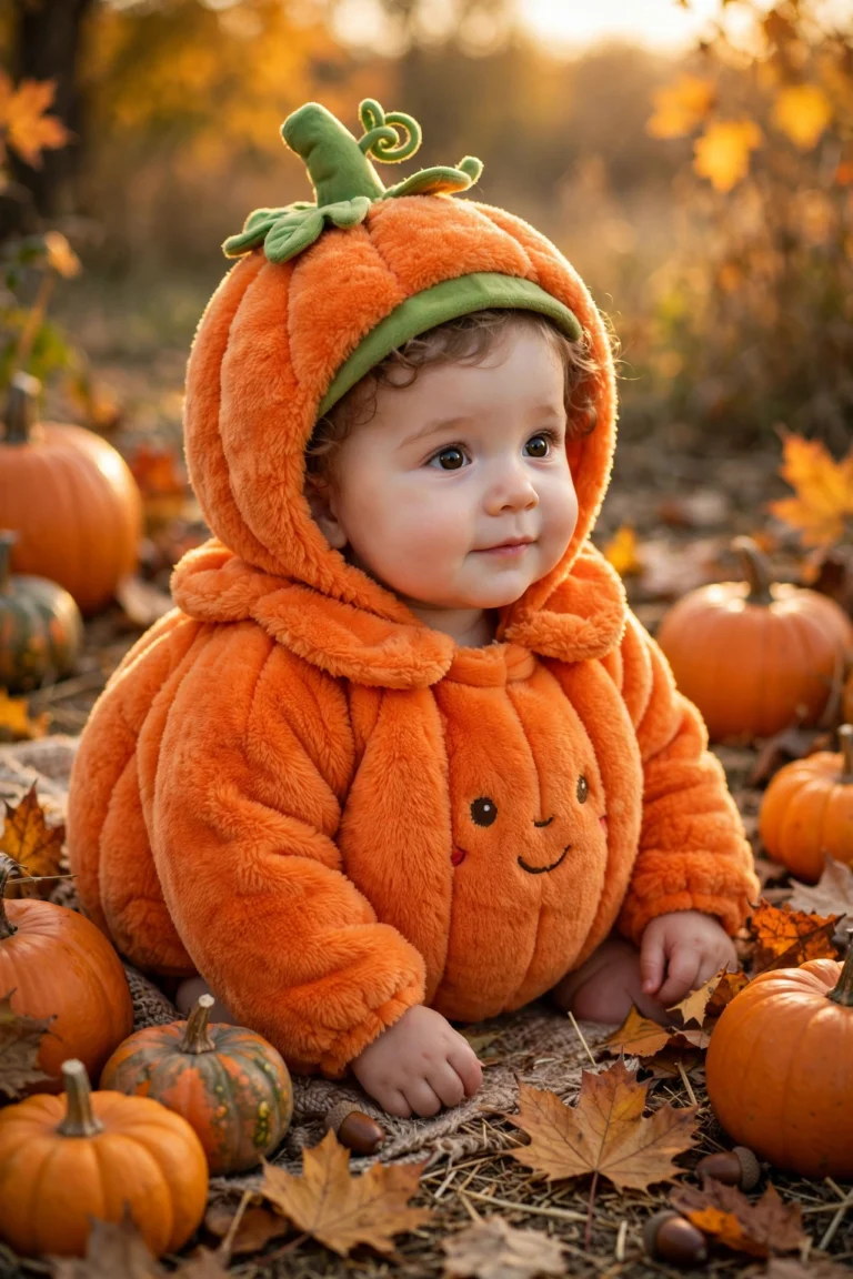 babys first halloween costume, adorable baby in a cute pumpkin Halloween costume