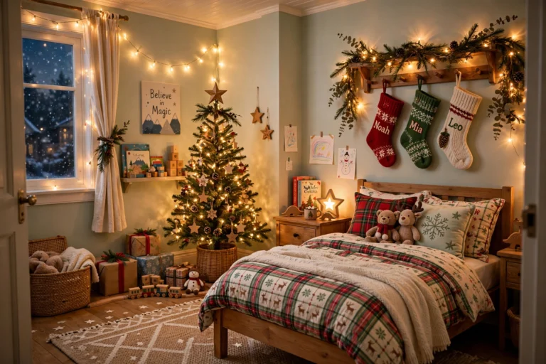 christmas bedroom ideas for kids, cozy kids bedroom decorated for Christmas with twinkle lights