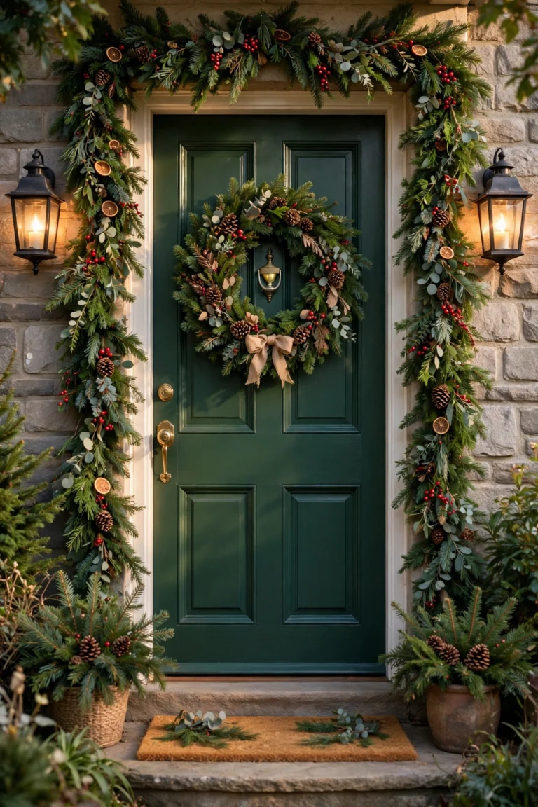 christmas door ideas — front door decorated with a Christmas wreath and garland