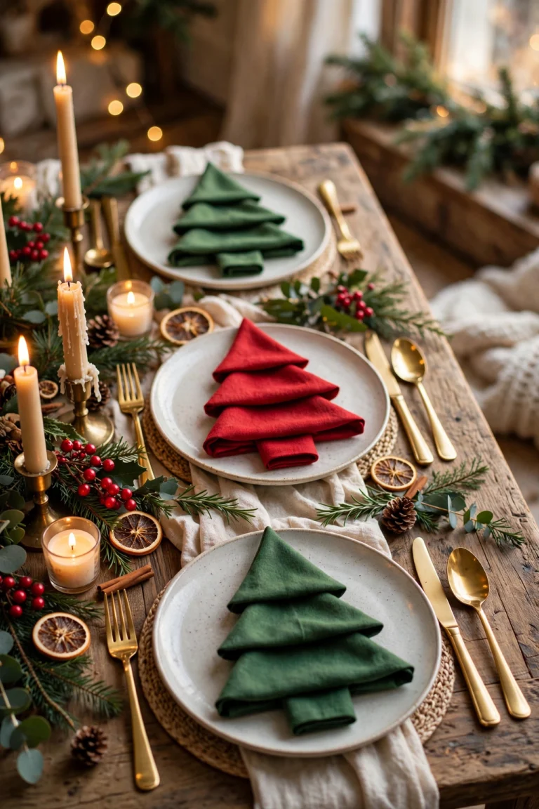 christmas napkin folding ideas: red napkin folded into a Christmas tree on a festive table