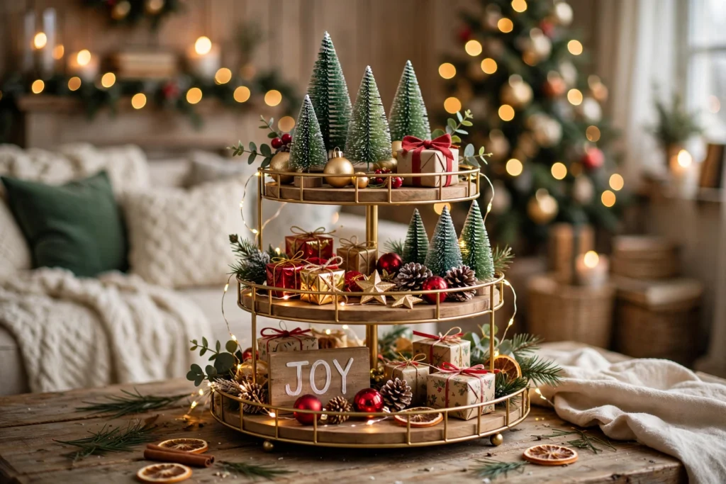 christmas tiered tray ideas, beautifully styled Christmas tiered tray with mini trees and ornaments
