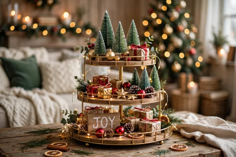 christmas tiered tray ideas, beautifully styled Christmas tiered tray with mini trees and ornaments