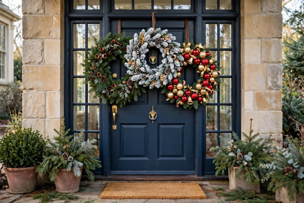 27 Christmas Wreath Ideas for Every Door and Style (2026) christmas wreath ideas, festive Christmas wreaths in different styles on a front door