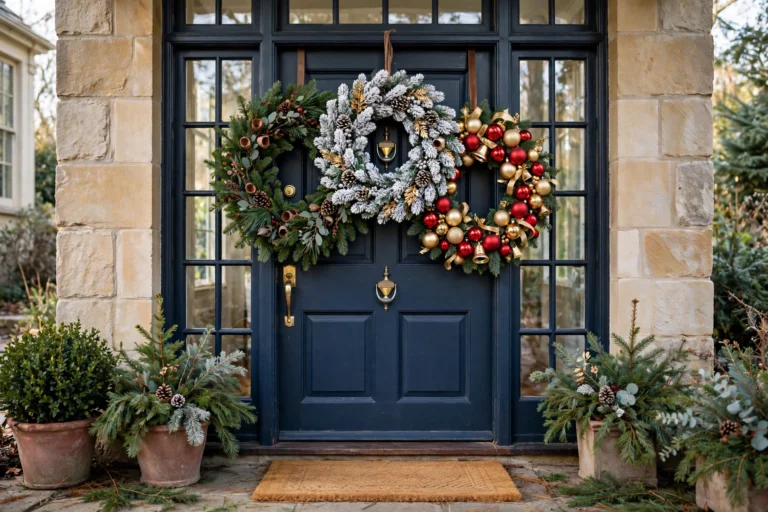 christmas wreath ideas, festive Christmas wreaths in different styles on a front door