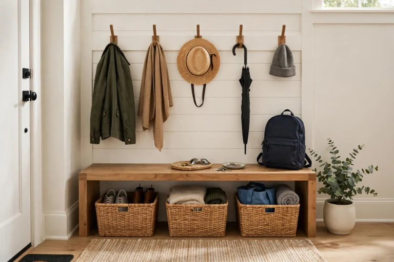 drop zone ideas, organized entryway drop zone with hooks, bench, and baskets