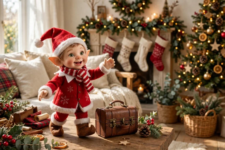 elf on the shelf arrival ideas, elf doll arriving in a Christmas decorated living room
