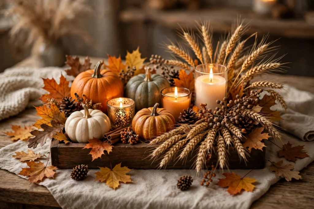 29 Fall Tray Decor Ideas for a Cozy Autumn Table Cozy fall tray decor with pumpkins, candles, and wheat for an autumn table.