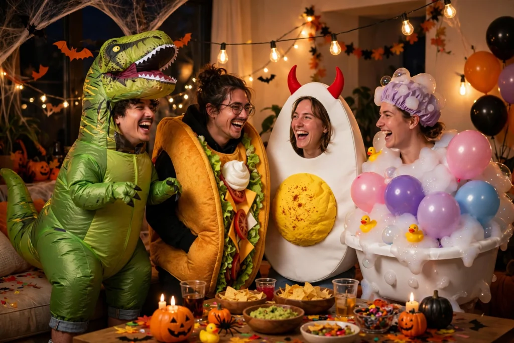 24 Funny Halloween Costume Ideas That Get All the Laughs (2026) funny halloween costume ideas, group of friends in hilarious Halloween costumes laughing at a party