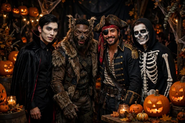 halloween costume ideas for guys — group of men in Halloween costumes at a party