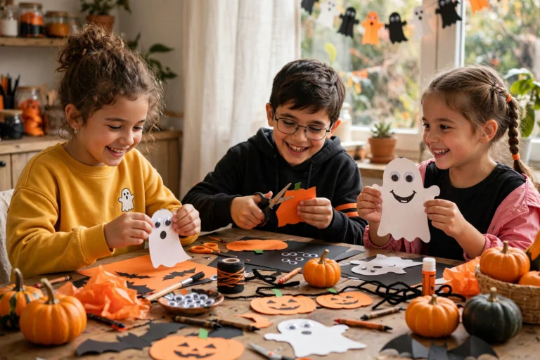 halloween crafts for children, kids making paper ghosts and pumpkin decorations