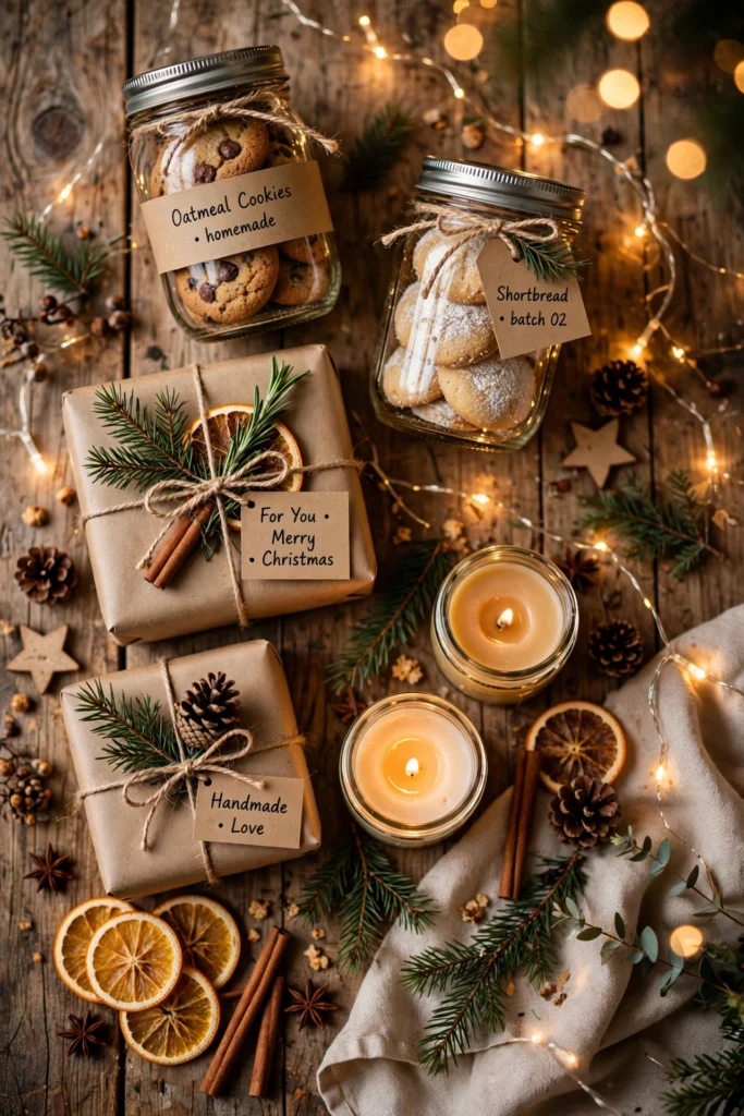 31 Homemade Christmas Gift Ideas That Feel Personal (2026) homemade christmas gift ideas, wrapped DIY gifts with ribbon and pine sprigs