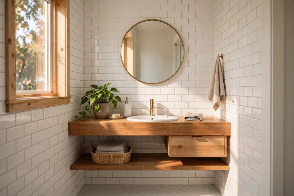 31 Small Bathroom Decor Ideas That Maximize Style (2026) small bathroom decor ideas, bright tiny bathroom with round mirror and floating vanity