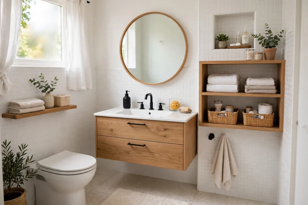 small bathroom ideas, stylish small bathroom with smart storage and bright design