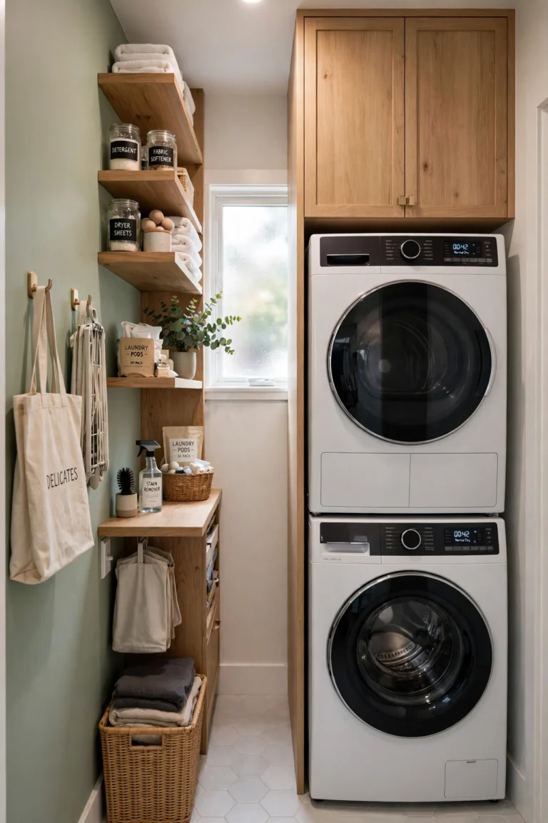 small narrow laundry room ideas, slim organized laundry room with stacked washer dryer