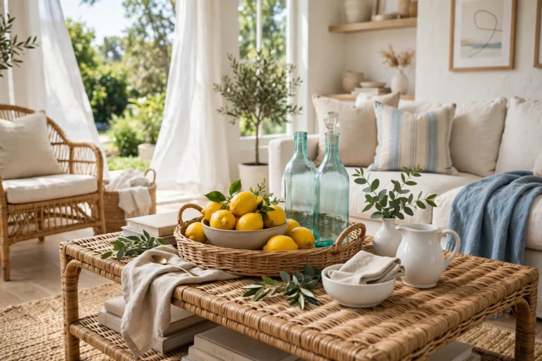 Stylish summer coffee table with coastal tray, citrus bowl, candles, and books in a bright living room.