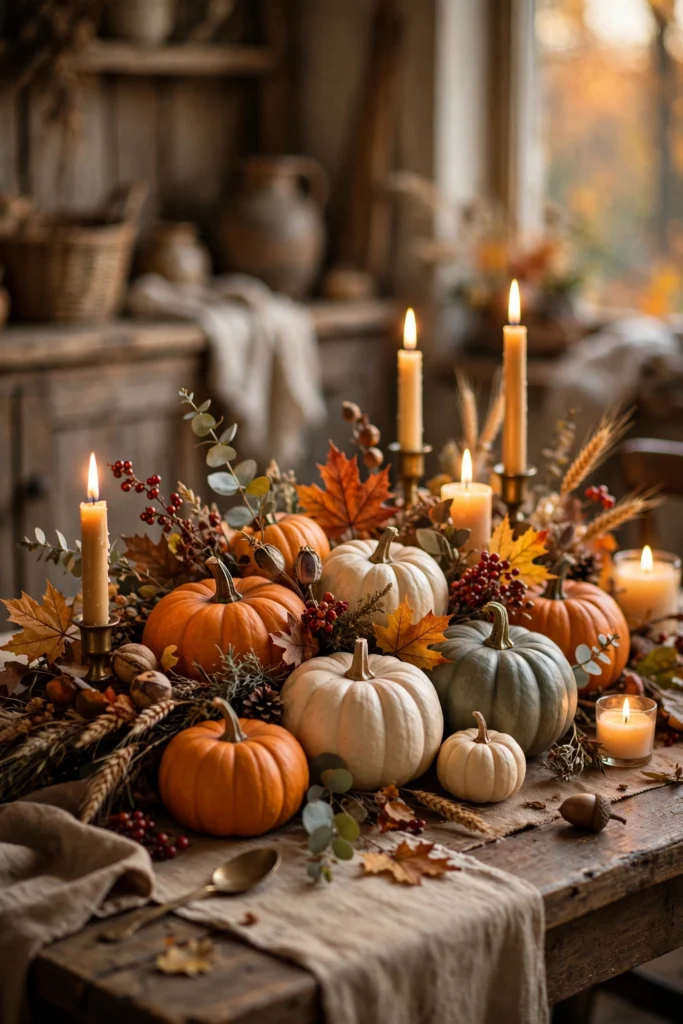 thanksgiving centerpiece ideas, harvest table with pumpkins and candles