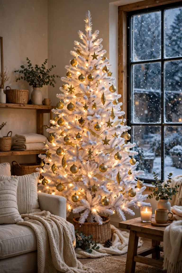 white christmas tree ideas, flocked tree with gold ornaments in a cozy living room